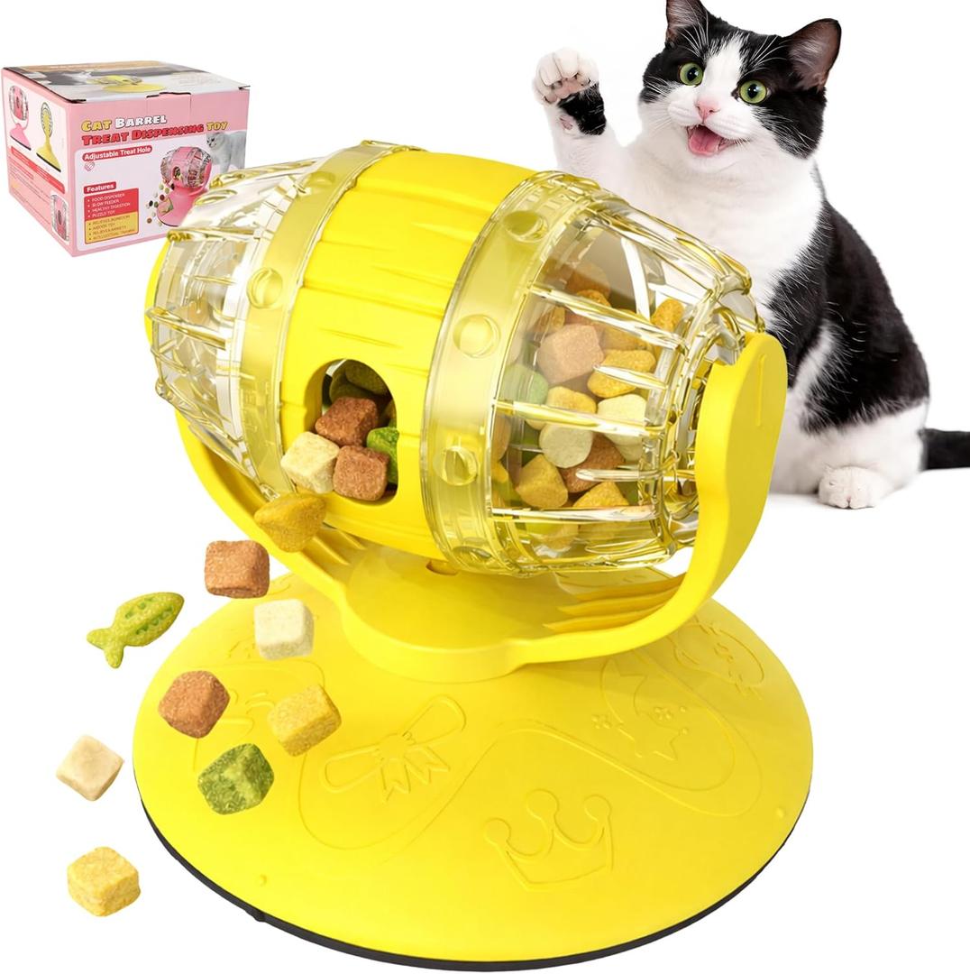 Cat Treat Feeder, Cat Treat Dispenser Toy for Dry Food, Rotating Barrel Interactive Cat Toys for Indoor Cats &Puppies, Kitten Enrichment Funny Toy(Yellow)