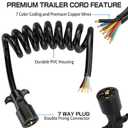 6 FT 7 Pin Trailer Plug, Trailer Wiring Harness with Double Prongs, 7 Way Coiled Trailer Cord End Connector Harness for RVs, Easily to Trailer Lighting System