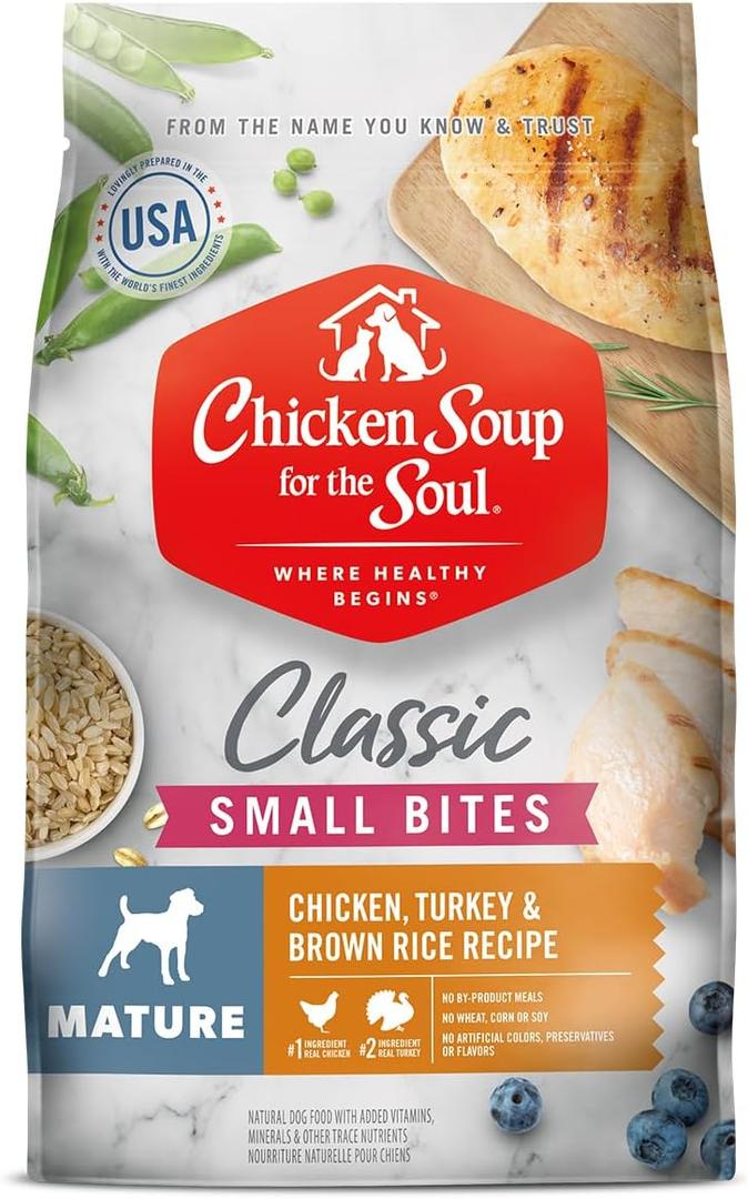 Chicken Soup for the Soul All Natural Premium Small Bites Senior/Mature Dry Dog Food, Real Meat First Ingredient, No By-Products, Supports Joint Health & Mobility, Chicken, Turkey & Brown Rice, 13.5lb Best Before March 4, 2026