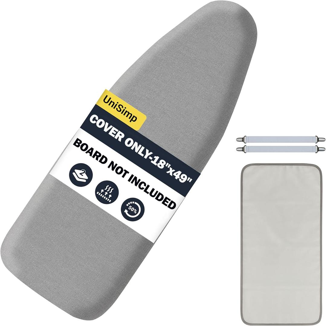 Ironing Board Cover and Pad 18"x49" Extra Thick Natural Cotton, Scorch and Stain Resistant Iron Board Cover, Wide Ironing Board Cover with Fasteners Heavy Duty Heatproof Elastic Edge Gray