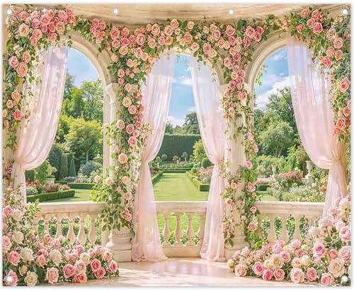 ZTHMOE Fabric 10x8ft Spring Window Scenery Photography Backdrop Pink Flowers Rose Graden Background Girl Princess Wedding Bridal Shower Birthday Party Decorations Photo Props