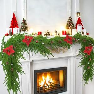 Miyukyee 2 Pcs Norfolk Pine Garland 9 Ft Artificial Christmas Garland with Poinsettia Pine Cones Balls Winter Greenery Garland for Holiday Mantle Stairs Stairs Indoor Outdoor Xmas Decor