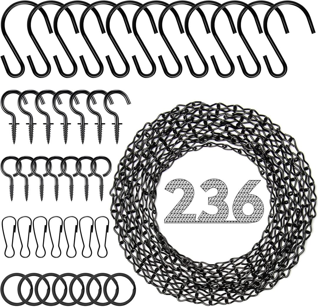 Metal Hanging Chain, 236 Inch Black Chains for Plants, 12×S Hooks, 12×Buckles, 12×Rings, 24×Screw Hooks for Bird Feeder, Planter, Wind Chimes (Black)