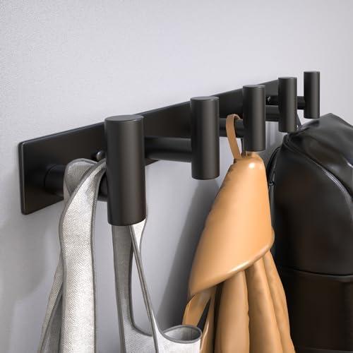 VINHOLD Wall Mounted Coat Rack-5 Hooks, Heavy Duty Stainless Steel Hook Rail for Towel Coat Hat Purse Bag Jacket, Towel Hooks for Entryway Bathroom Kitchen (Black 5 Hooks - 1 Pack)