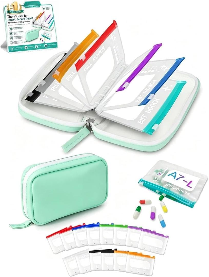 Waterproof Pill Organizer Set, Pill Pouch Organizer Binder, Waterproof Pill Pouch Set, Travel Medicine Organizers with 14 Color-Coded Pouches, Leakproof Reusable Zippered Storage Case(Green)