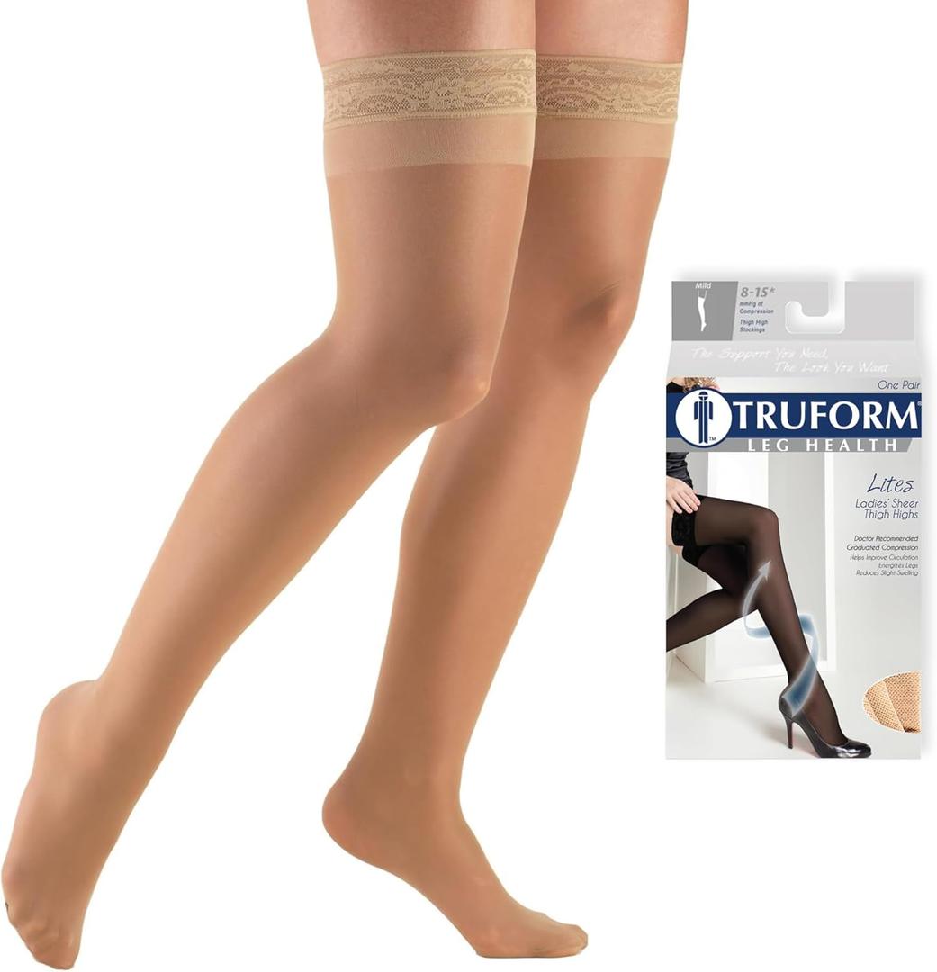Truform Sheer Compression Stockings, 8-15 mmHg, Women's Thigh High Length, 20 Denier, Beige, Large