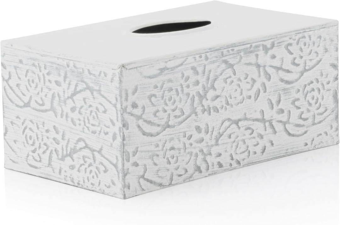 Modern Farmhouse Decorative Tissue Box Holder - Distressed White, Rustic Metal Design for Bathroom (Rectangle)