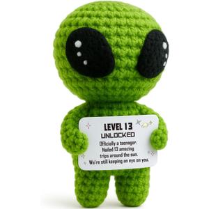 Happy 13th Birthday Milestone Keepsake  Handmade Crochet Alien Plush Doll with Funny Official Teenager Positive Affirmation Message Card  13 Years Old Gift for Son, Daughter, Friend, or Grandchild