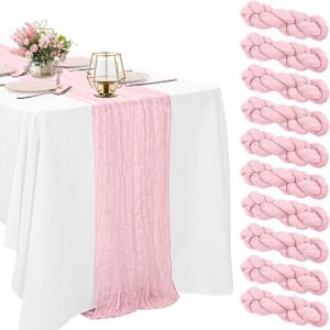 10 Pack Light Pink Cheesecloth Table Runner 10FT Boho Gauze Fabric Table Runner Vintage Rustic Sheer Runners for Wedding Party Bridal Baby Shower Long Table Decorations, Light Pink, 20"x120"