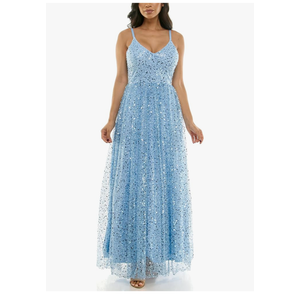 Women's Sleeveless Embellished V Neck Lace Back Tulle Gown(size 13/14)