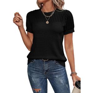 Dokotoo Short Sleeve Shirts Sweaters for Women Breathable Hollow Out Round Neck Spring Summer Tops for Women Cozy Solid Short Sleeve Relaxed Tunic Tops Blouses Womens Cute T-Shirts Black L
