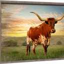 Farmhouse Longhorn Pictures Wall Decor: Framed Rustic Cow Animal Painting Art Wooden Sunset Farm Print Western Texas Bull Artwork for Bedroom Office Living Room
