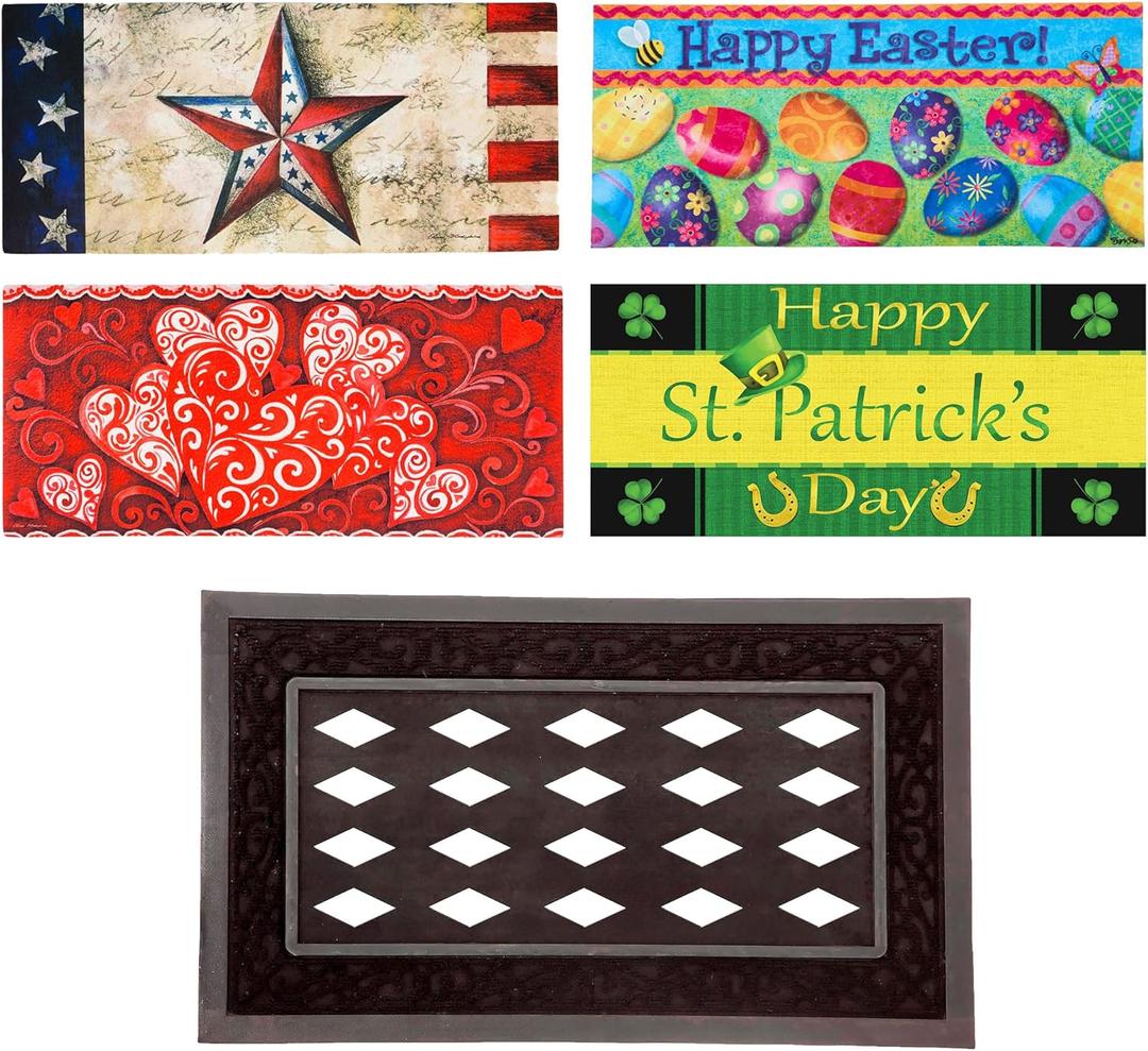 Evergreen Sassafras Spring Holiday Doormat Insert Bundle & Tray Set of 5, Interchangeable Entrance Door mats Indoor and Outdoor Welcome Mat 30 x 18 Tray Non Slip Backing Low Profile