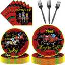 Romart 96Pcs Kentucky Party Supplies, Derby Rose Horse Racing Tableware Sets Including Disposable Paper Plates Napkins Forks Serves 24 for Derby Day Horse Themed Party Decorations