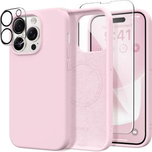 GONEZ for iPhone 14 Pro Case, Compatible with Magsafe, with Screen Protector + Camera Lens Protector, Soft Anti-Scratch Microfiber Lining, Shockproof Liquid Silicone Phone Cover, Pastel Pink