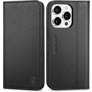SHIELDON Case for iPhone 16 Pro 5G, Genuine Leather Wallet Flip Magnetic Cover RFID Blocking Card Slots Carry-All with Kickstand Shockproof Case Compatible with iPhone 16 Pro 2024 - Pebbled Black