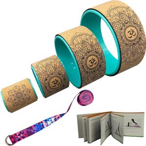 Aozora Yoga Wheel 13" with Most Detailed Book Step by Step Guide on How to Do 30+ Poses,! Perfect for Stretching and Improving Backbends (4 Pack - 4, 6, 10 & 13" -Cork/Turquoise +strap)
