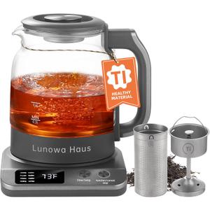 Titanium & Glass Electric Tea Kettle Maker - Pro Steam Extraction, 11 Temp & 10 Strength, Dry Boil Protection, 12H Auto Warm, FDA Food Contact Tested, BPA-Free, 2 Infusers, 1.2L 600W 120V (Grey with Steeping Tea Infuser and Extraction Tea Infuser)