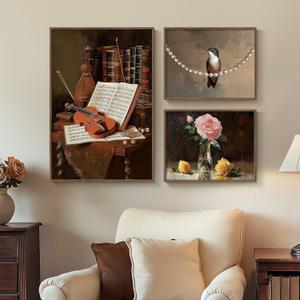 Framed Vintage Wall Art for Living Room, 3 Pieces Retro Floral Canvas Artwork for Bedroom, French Farmhouse Country Bird Violin Still Life Vintage Prints Art for Kitchen, Bathroom Wall Decor