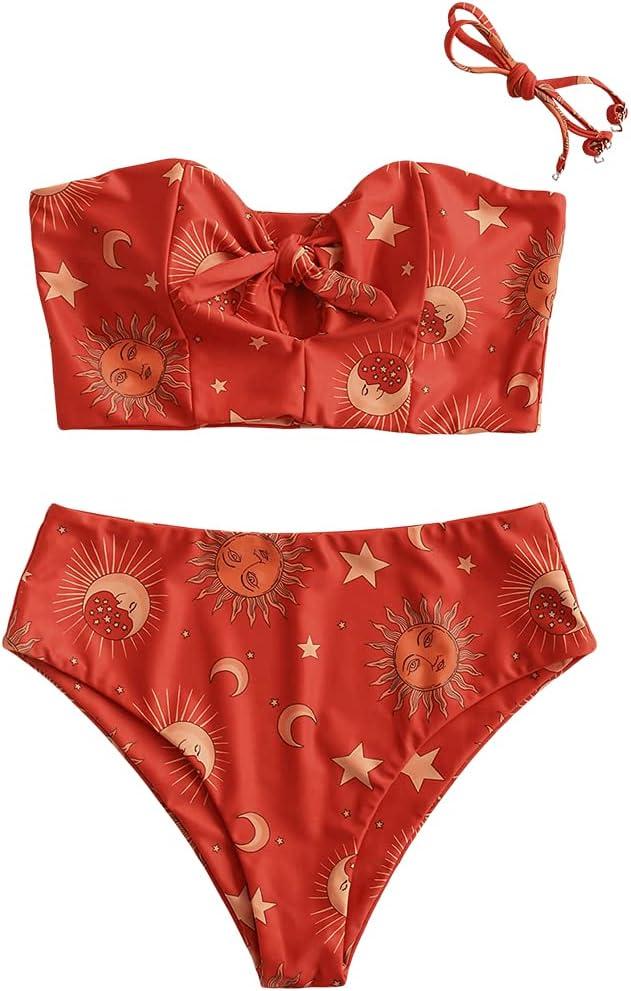 ZAFUL Women Ribbed Keyhole Tied High Waisted Bikini Spaghetti Straps Two Pieces Swimsuit Bathing Suit M