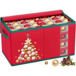 Christmas Ornament Storage Box With Dividers - Large Organizer Holds 128 3'' Ornaments, Red Holiday Ball Container