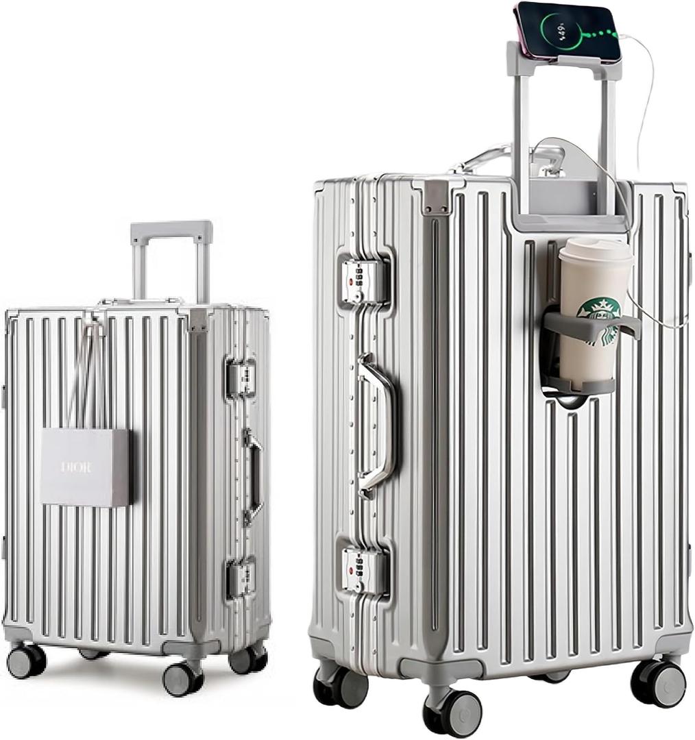 HotWay PC Hard Shell Carry On Luggage with Aluminum Frame, Suitcase with Cup Holder and USB Port, Zipperless Luggage for Business Travel (Silver, Carry On 20Inch)