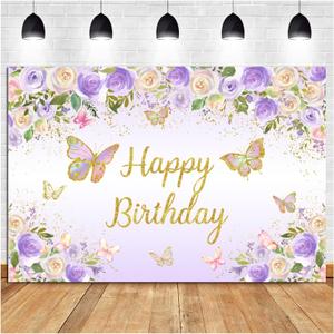 7x5ft Happy Birthday Backdrop Photography for Girls Purple Butterfly Gold Banner Princess Girl Birthday Party Cake Table Decorations Supplies Photo Booth Props