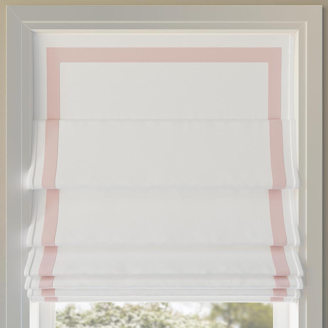 Sun Zero Marline Pink Ribbon Border 100% Total Blackout Cordless Roman Shade, Pink/White, 35" W x 64" H