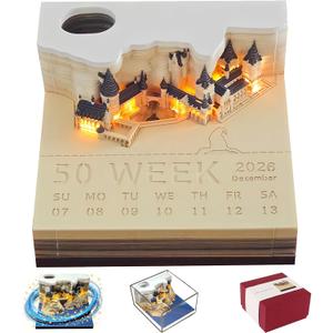 2026 Time Piece Calendar 3D Castle Desk Calendar with LED Lights, Paper Carving Art Memo Pad Tear Away Calendar Christmas New Year Gift for Colleagues Classmates Office Desktop Decor