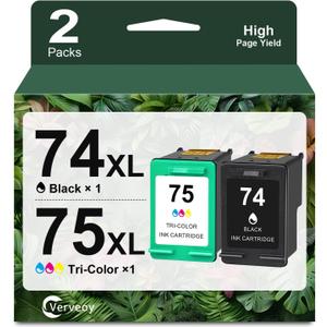 74/75 Remanufactured Ink Cartridge Combo Pack Compatible for HP Ink 74 75 XL CB335WN CB337WN for Officejet J6480 J5780 Deskjet D4260 D4360 Photosmart C4280 C5280 Printer Ink (2 Pack, Black,Tri-Color)