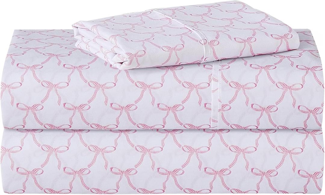 Softan Kids Bed Sheet Set, Girls Twin Size Kids Sheets, Microfiber Fitted Sheet and Pillowcase, Breathable and Silky Soft, 3 Piece Pink Bowknot Printed Twin Bed Sheet