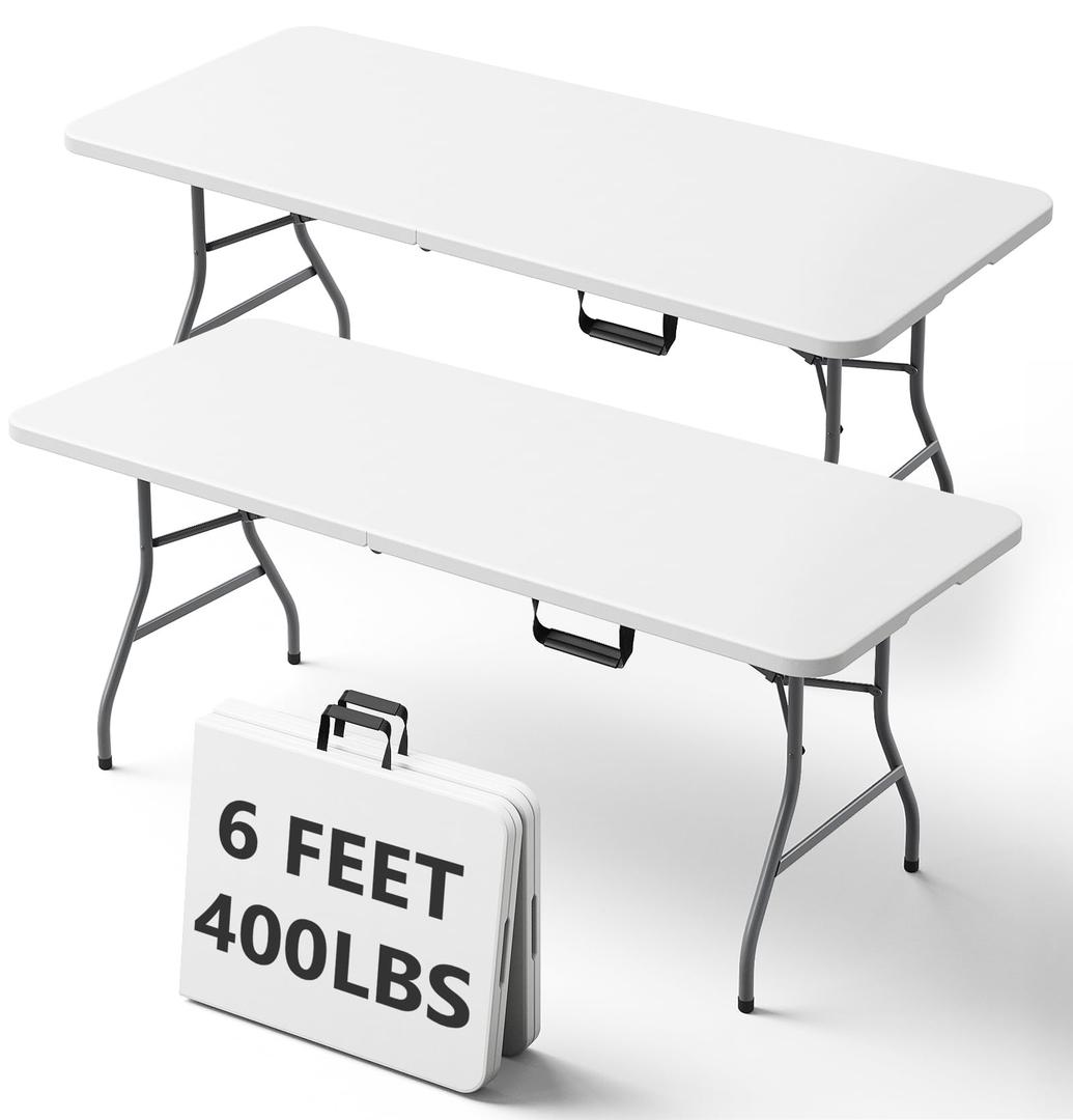 6FT Folding Table, Heavy Duty Plastic Fold-in-Half Tables with Carry Handles, Portable Utility Tables with Steel Legs for Wedding, Party, Camping, Picnic, Catering, Events, Indoor Outdoor Use,White