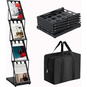 Brochure Display Stand Foldable Magazine Rack, Metal Brochure Holder Literature Rack with Carrying Bag, 4 Pockets Literature Stand for Exhibition Trade Show and Office Retail Store, Black
