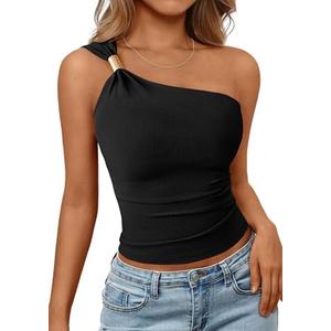 PRETTYGARDEN One Shoulder Going Out Tops for Women Trendy 2026 Summer Y2K Clothes Sleeveless Fitted Spring Fashion Shirts Black, Large