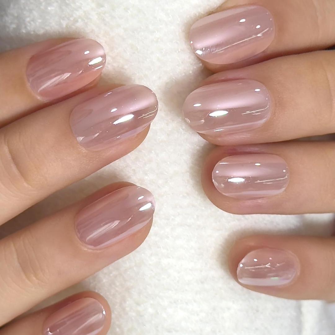 CurvLife Oval Press On Nails Short Soft Gel Champagne Pearl Salon Quality False Nails with Glue, Long Lasting Daily Nail Tips for Women
