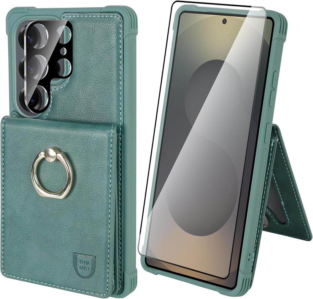 VANAVAGY Wallet Case Compatible for Galaxy S25 Ultra for Women Men, Faux Leather Magnetic Clasp Flip Phone Case with Card Holder Ring Holder Coin Pocket for S25 Ultra 6.9inch, Forest Green