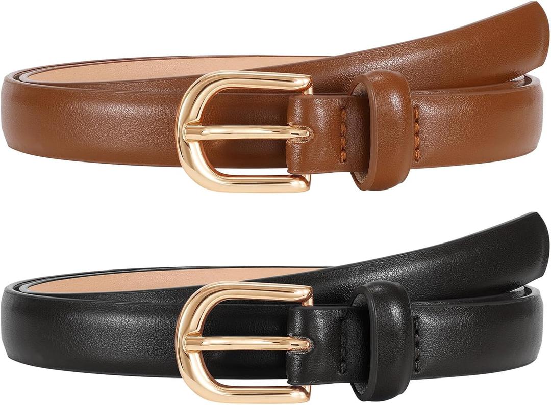 JASGOOD 2 Pack Skinny Leather Belts for Women Plus Size Fashion Thin Waist Belts for Jeans Pants Dresses with Gold Buckle (Brown, M)