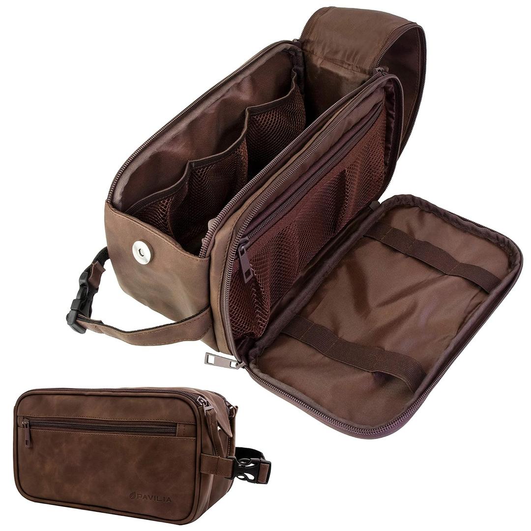 PAVILIA Toiletry Bag for Men, Travel Essentials Shaving Dopp Kit, Mens Travel Bag Toiletries Organizer Case for Grooming, PU Leather Water Resistant Cosmetic Bag Pouch (Dark Brown) (Large (10.5x5.5x6))