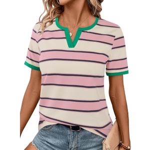 LilyCoco Women's Striped Shirt Short Sleeve Color Block Tops Notched Neck Summer Tee Multicolored Medium
