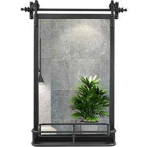 Farmhouse Iron Framed Wall Mirror with Shelf - 30" H x 21" W Large Bathroom Mirrors for Wall, Rectangular Black
