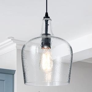 Glass Pendant Light Modern Black 1 Light Single Dome Pendant Lighting Fixtures for Kitchen Island Dining Room Hallway, Wide 10 Inch, E26, UL Listed (Hammered)