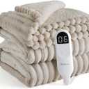 Bedsure Electric Blanket Twin - Thick Striped Flannel Electric Blanket, Heating with 10 Time Settings, 6 Heat Settings, and 8-Hour Timer Auto Shut Off, Gift for Grandma (62x84 inches, Linen)