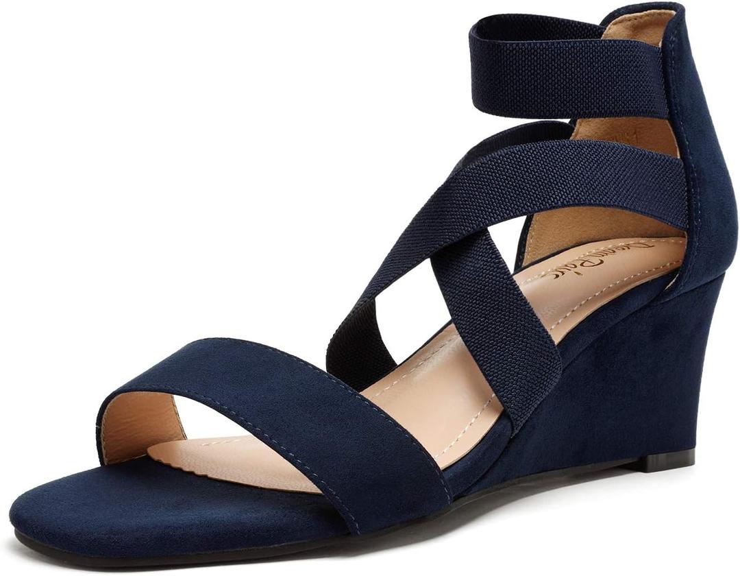 DREAM PAIRS Women's Elastic Ankle Strap Low Wedge Sandals (9.5, Navy)