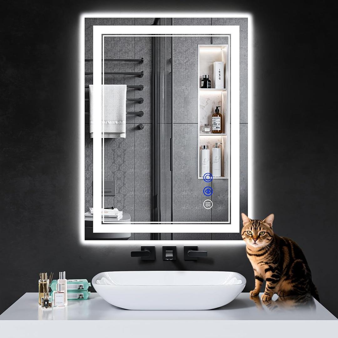 30"x22" LED Bathroom Mirror with Anti-Fog, Stepless Dimmable Lights, 3 Color Modes, Shatter-Proof Tempered Glass,Waterproof Design