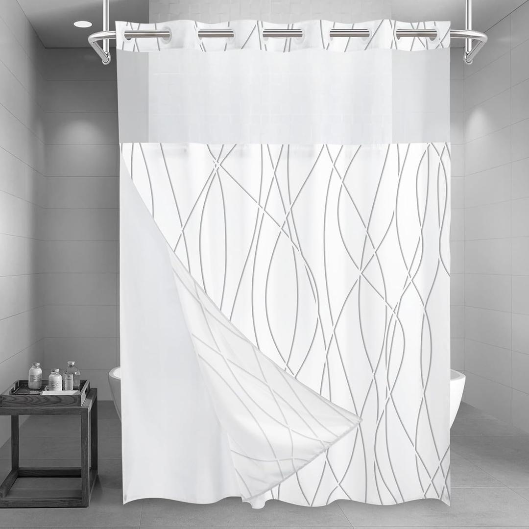 No Hook Grey Shadow Striped Long Shower Curtain with Snap in Fabric Liner Set - Hotel Shower Curtain and Liner Set with See Through Mesh Top Window ,Machine Washable, 71x86 INCH