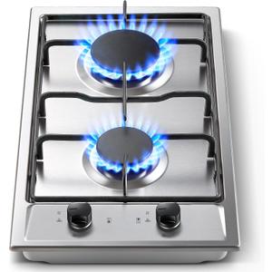 Gas Cooktop 2 Burner, 12 Inch Built-in Propane Cooktop, NG/LPG Dual Fuel Gas Stove Top with Thermocouple Safety Protection, Stainless Steel Stove for Apartment, Kitchen & RV