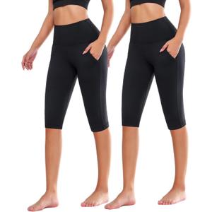 MOREFEEL Women's Knee Length Leggings-High Waist Capri Pants for Women Yoga Workout Biker Shorts Casual Summer (Large-X-Large, 5-black,black-with Pockets)