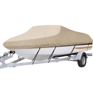iCOVER Trailerable Boat Cover- 16'-18.5' Heavy Duty Waterproof Tarp Covers with Storage Bag, Fits V-Hull, Fish&Ski, Pro-Style, Fishing, Runabout, Bass Boats, up to 16ft-18.5ft Long X 94" Wide (Sand)