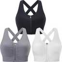 Evercute Zip Front Post-Surgery Bra Women's Wireless Sports Bras Padded Strappy Medium Support Yoga Exercise Athletic Bras (3X-Large, Black White Gray 3 Pack)