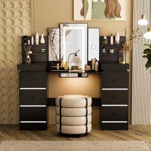 Vanity Desk & LED Lights, Makeup Vanity with Mirror with 8 Drawers& 6 Shelves,Vanity 3 Lighting Modes Brightness Adjustable Drawers Atmosphere Light